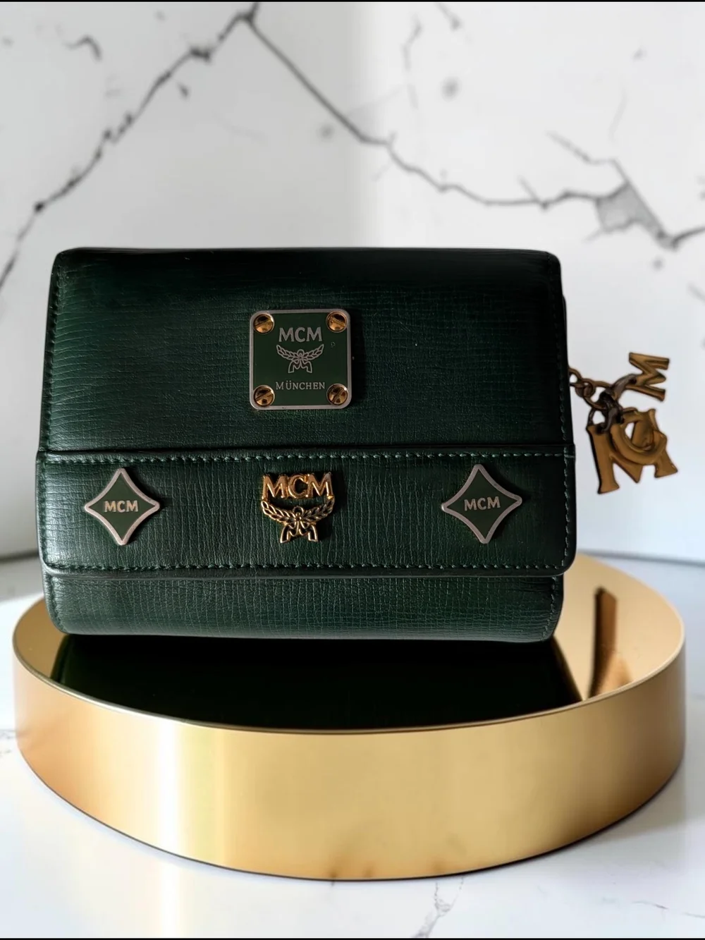 Vintage MCM München Green Leather Trifold Wallet and Gold Charms
